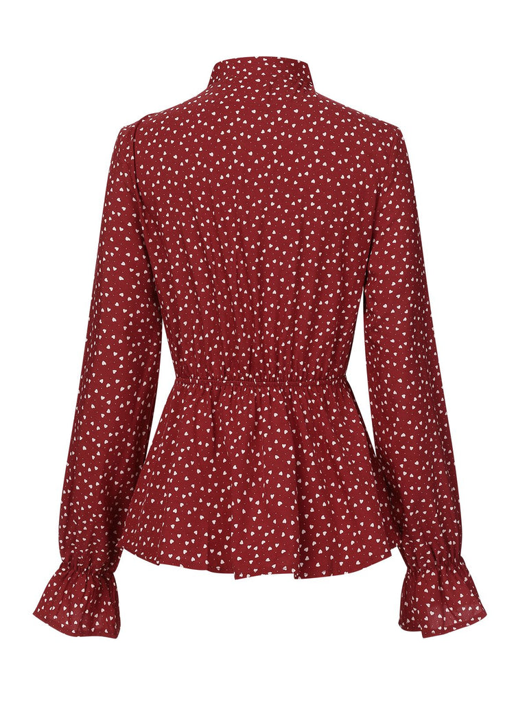 Rot 1940er Polka Dots Schnürung Chiffon Bluse