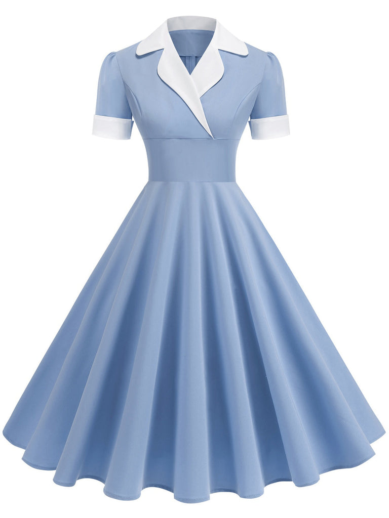 1950er Gekerbter Kragen Farbblock Swing Kleid