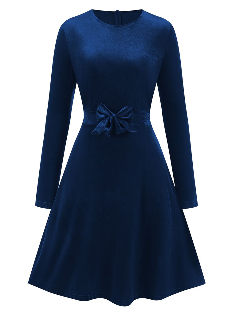 1940er Samt Solide Lange Ärmel Bogen Kleid