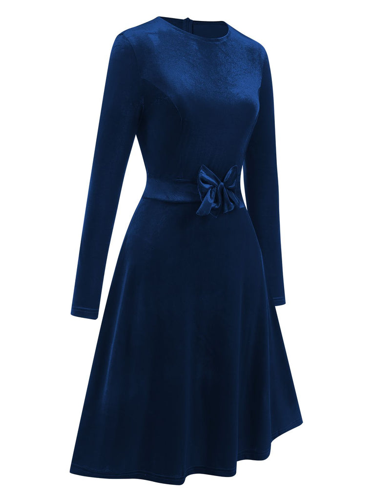 1940er Samt Solide Lange Ärmel Bogen Kleid