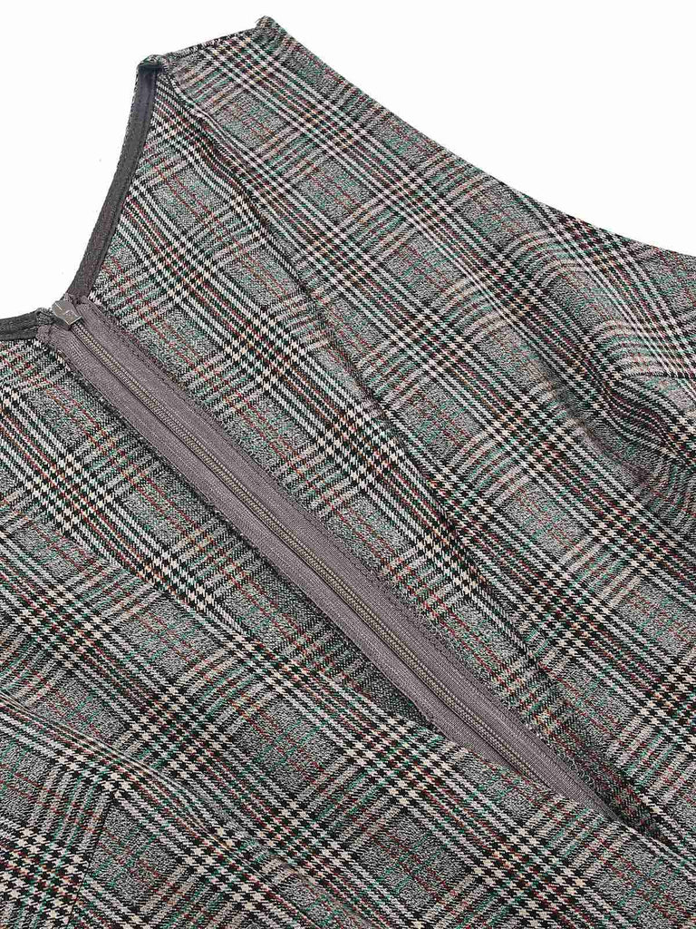 [Vorverkauf] Grau 1940er Tief V-Ausschnitt Tal-Plaid Kleid