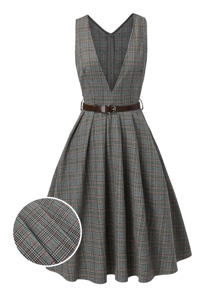 [Vorverkauf] 2PCS Grau 1940er V-Ausschnitt Plaid Kleid & Satin Bluse