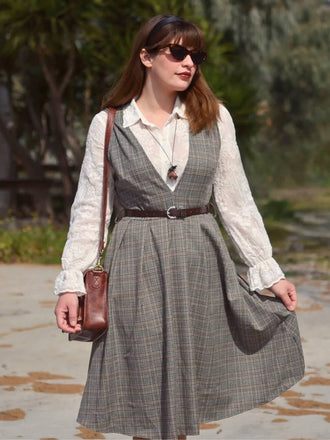 Grau 1940er Tief V-Ausschnitt Tal-Plaid Kleid