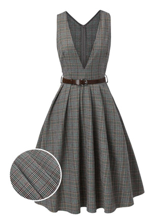 Grau 1940er Tief V-Ausschnitt Tal-Plaid Kleid