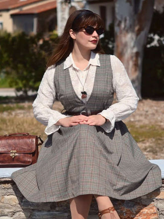Grau 1940er Tief V-Ausschnitt Tal-Plaid Kleid