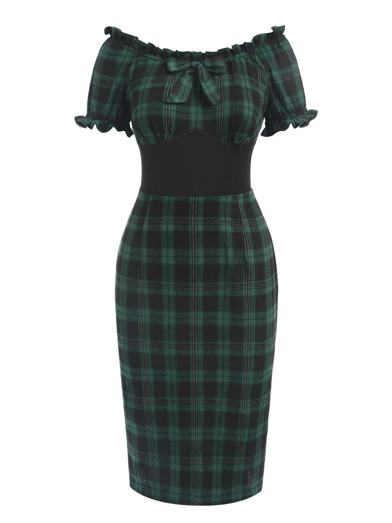 [Vorverkauf] Grün 1960er Schulterfrei Bogen Tartan Bleistiftkleid