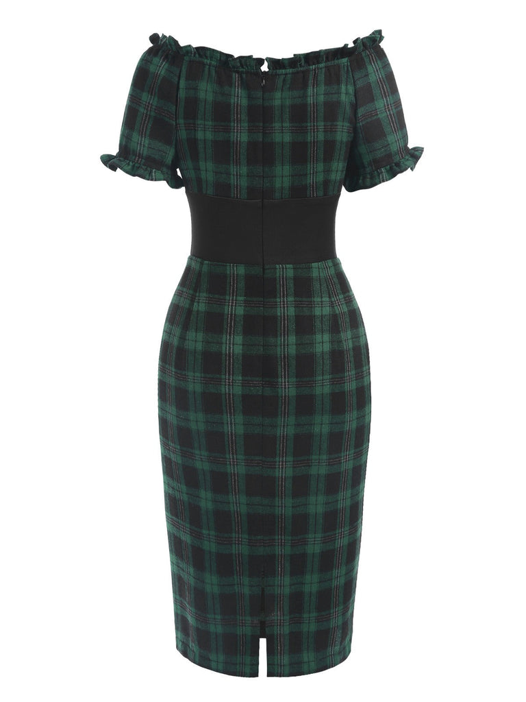 [Vorverkauf] Grün 1960er Schulterfrei Bogen Tartan Bleistiftkleid