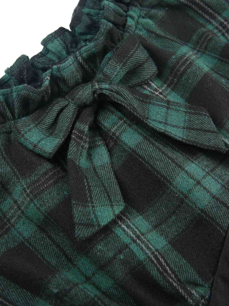 [Vorverkauf] Grün 1960er Schulterfrei Bogen Tartan Bleistiftkleid