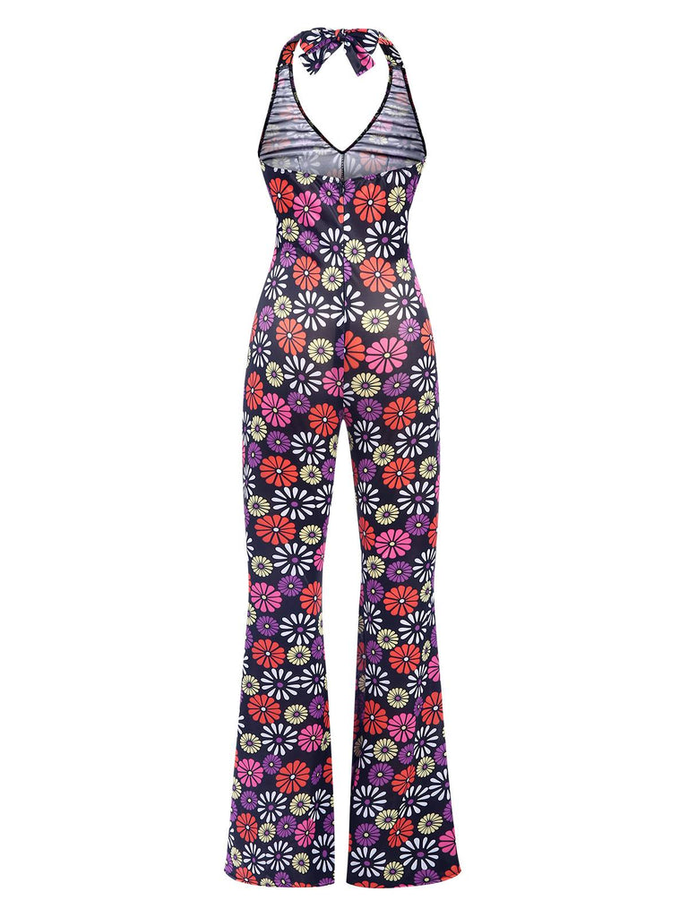 Multicolor 1970er Hippie Blumen Halter Jumpsuit