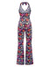 Multicolor 1970er Hippie Blumen Halter Jumpsuit