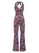 Multicolor 1970er Hippie Blumen Halter Jumpsuit