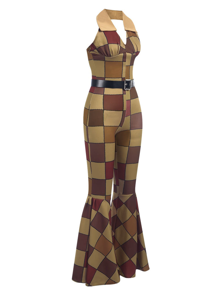 1970er geometrisches Muster Patchwork Halter Jumpsuit