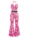 Braun 1970er geometrisches Muster Patchwork Halter Jumpsuit
