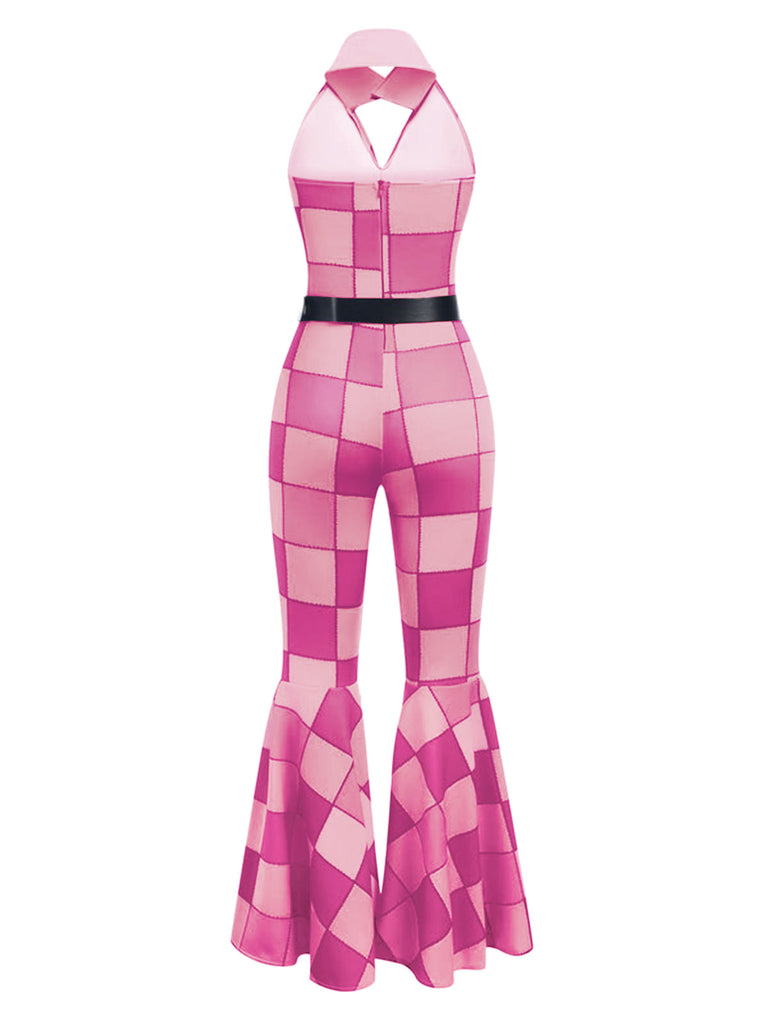 Braun 1970er geometrisches Muster Patchwork Halter Jumpsuit
