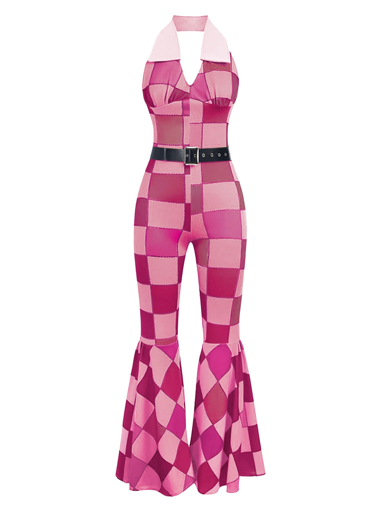 [Vorverkauf] Rosa 1970er geometrisches Muster Patchwork Halter Jumpsuit