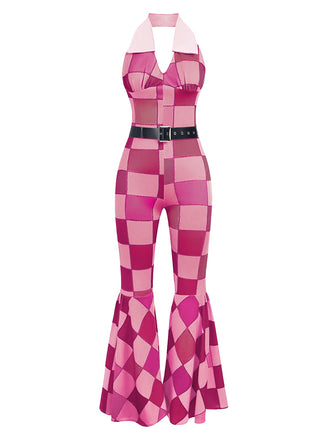 Rosa 1970er geometrisches Muster Patchwork Halter Jumpsuit