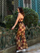 Braun 1970er geometrisches Muster Patchwork Halter Jumpsuit