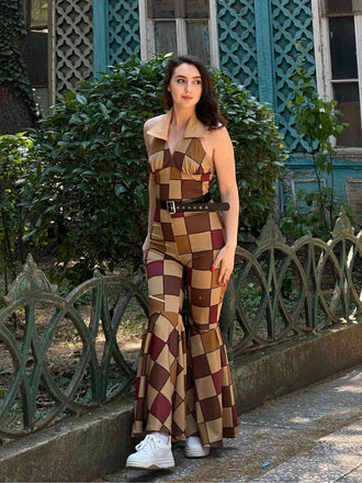 Braun 1970er geometrisches Muster Patchwork Halter Jumpsuit