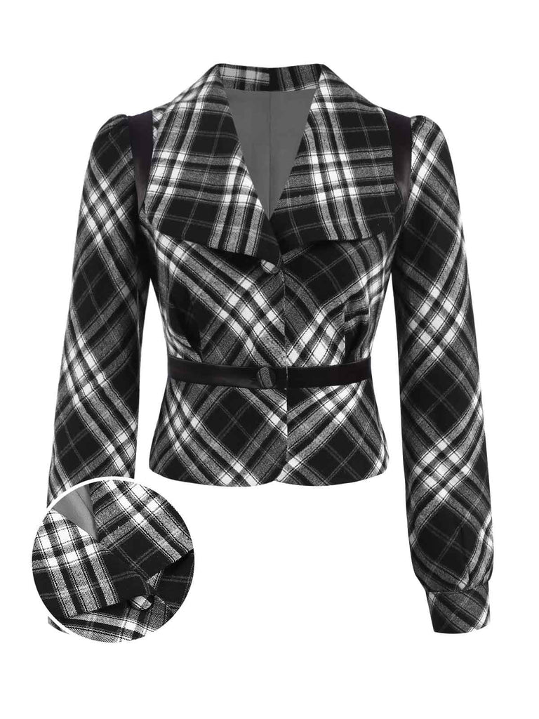 [Vorverkauf] Schwarz 1950er Plaid Revers Kurze Jacke