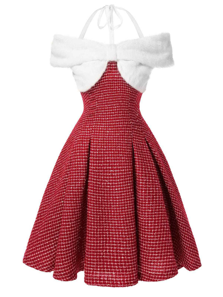 [Vorverkauf] Rot 1950er Weihnachten Schulterfrei Plaid Pelzig Kleid