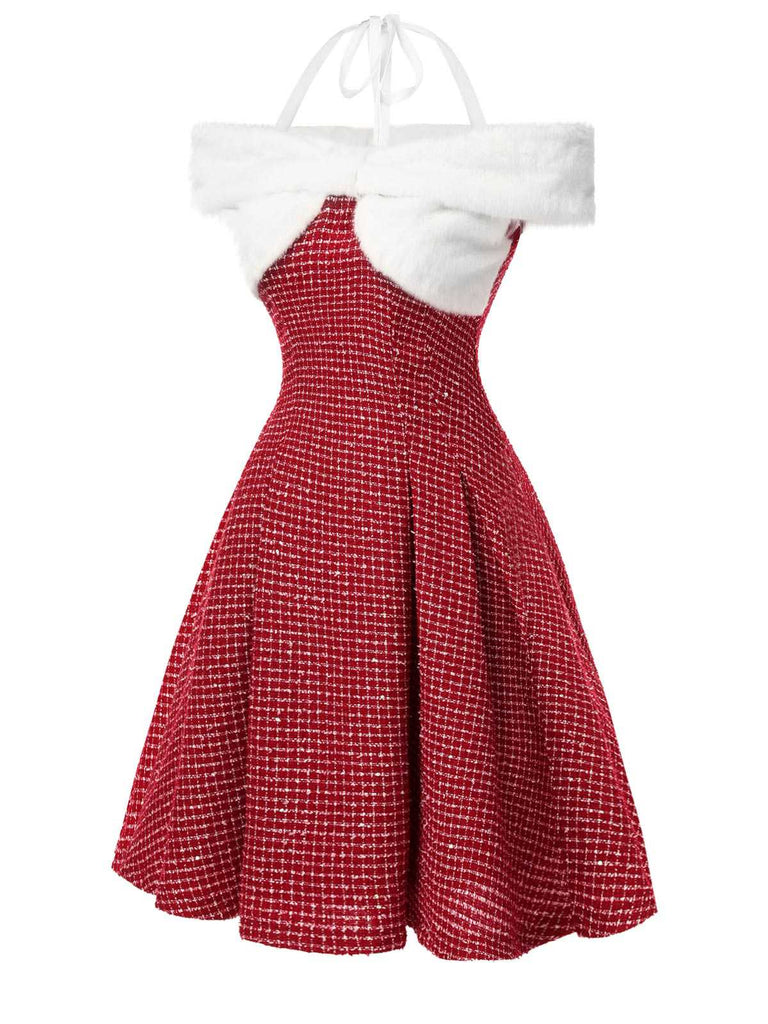 [Vorverkauf] Rot 1950er Weihnachten Schulterfrei Plaid Pelzig Kleid