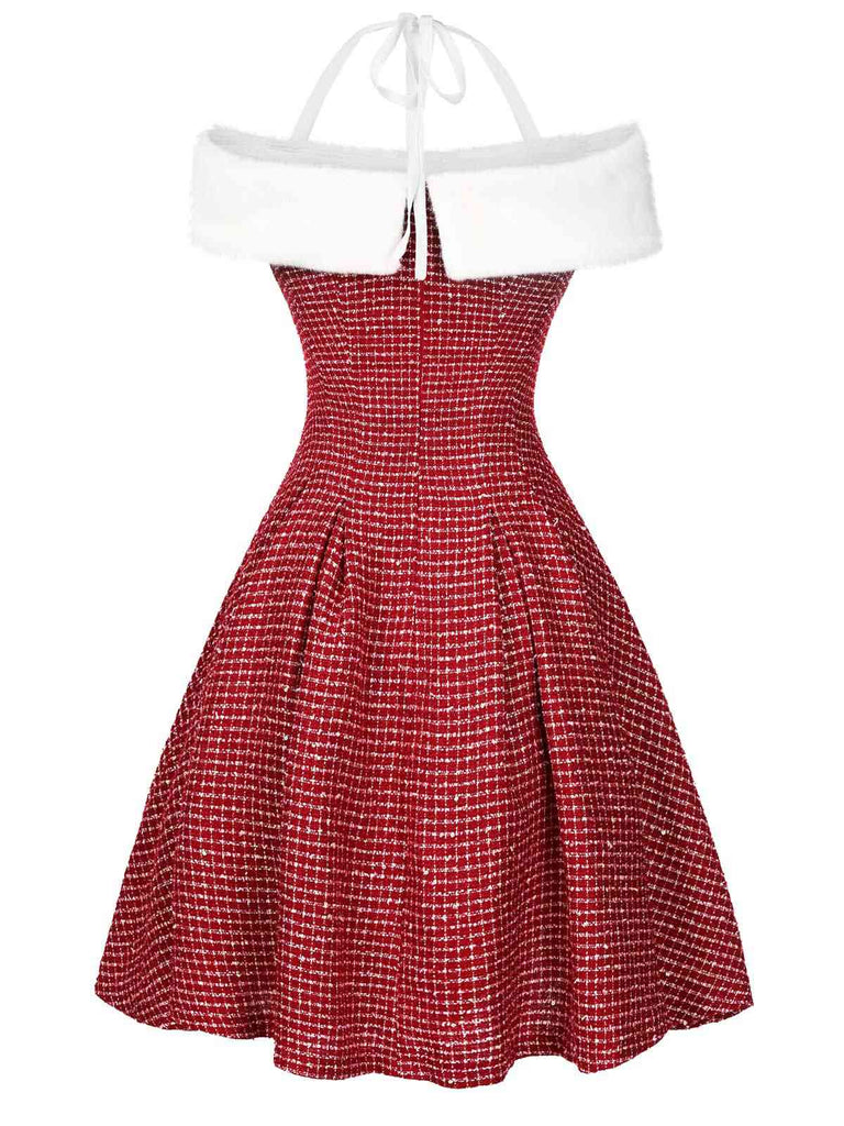 [Vorverkauf] Rot 1950er Weihnachten Schulterfrei Plaid Pelzig Kleid