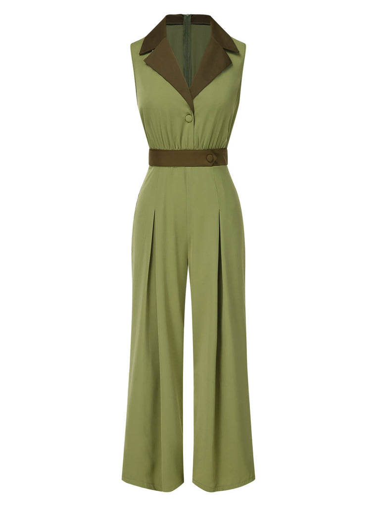 [Vorverkauf] Grün 1940er Kontrast Revers Patchwork Jumpsuit