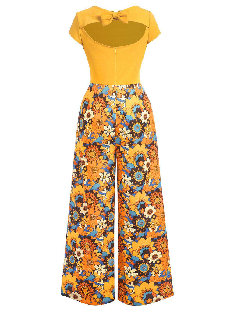 [Vorverkauf] Gelb 1960er Blumen Patchwork Zurück-Hohl Jumpsuit