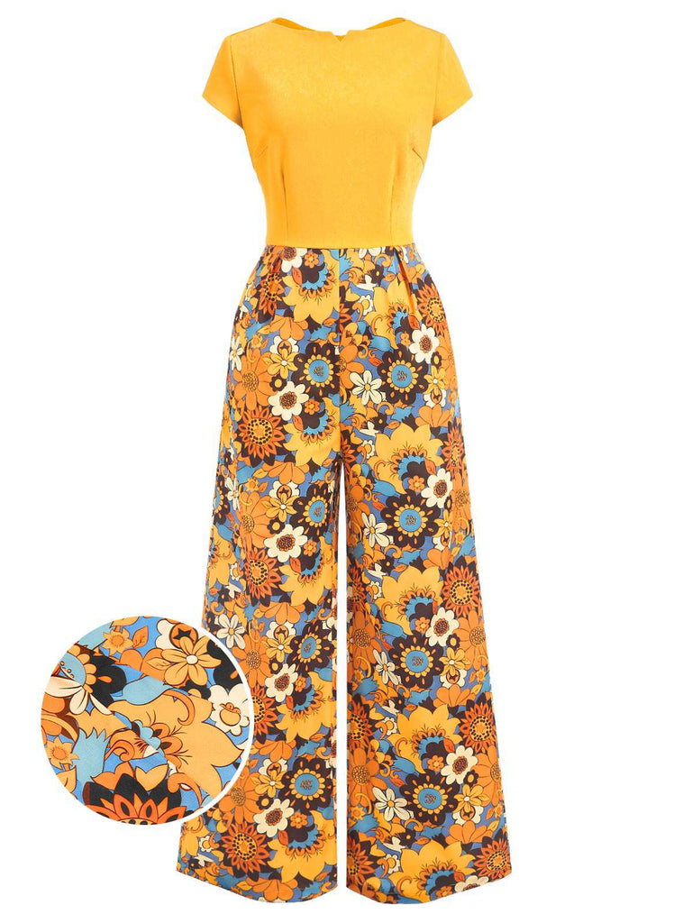 [Vorverkauf] Gelb 1960er Blumen Patchwork Zurück-Hohl Jumpsuit