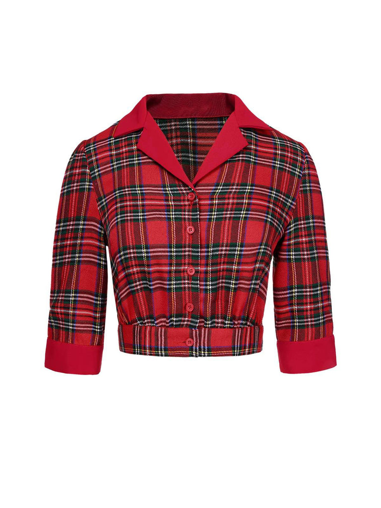 [Vorverkauf] Rot 1940er Schottische Plaid Kurze Bluse