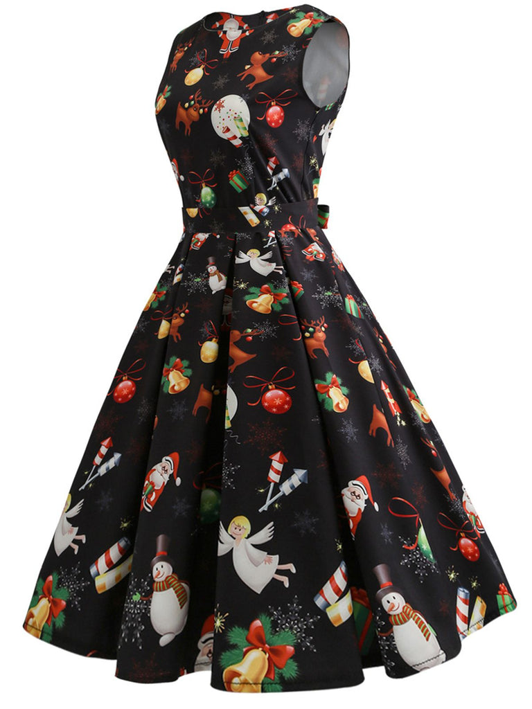 Schwarz 1950er Weihnachten Patchwork Kleid