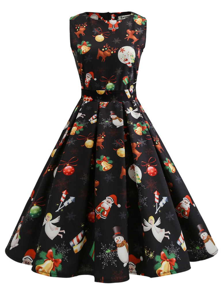 Schwarz 1950er Weihnachten Patchwork Kleid