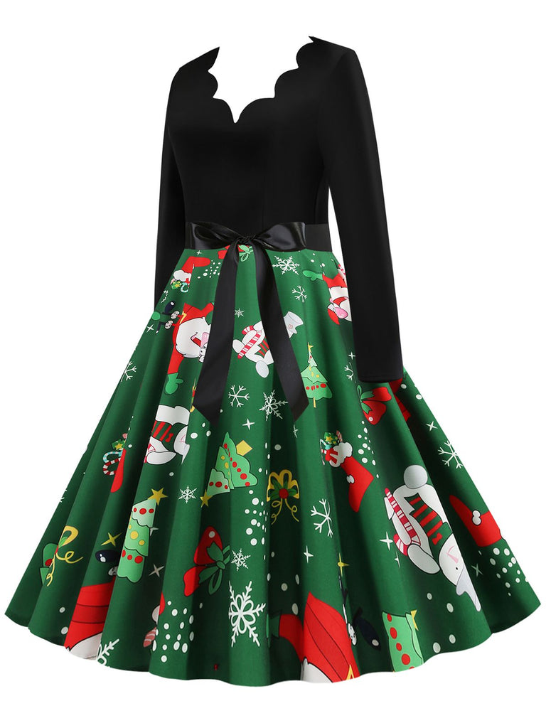 Grün 1950er Weihnachten Blütenkragen Patchwork Kleid