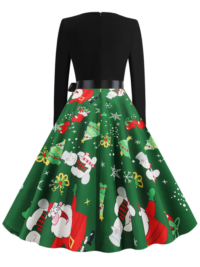 Grün 1950er Weihnachten Blütenkragen Patchwork Kleid