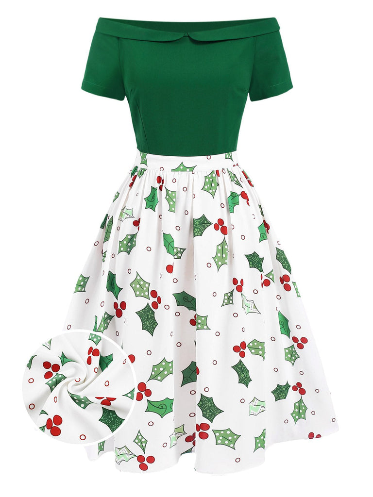 [Vorverkauf] Grün 1950er Schulterfrei Weihnachten Patchwork Kleid