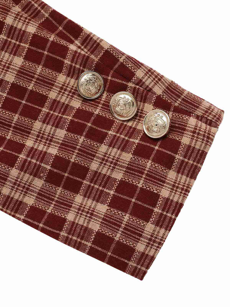 [Vorverkauf] 2PCS Rot 1960er Plaid Revers Kurzer Mantel & Schlitz Rock