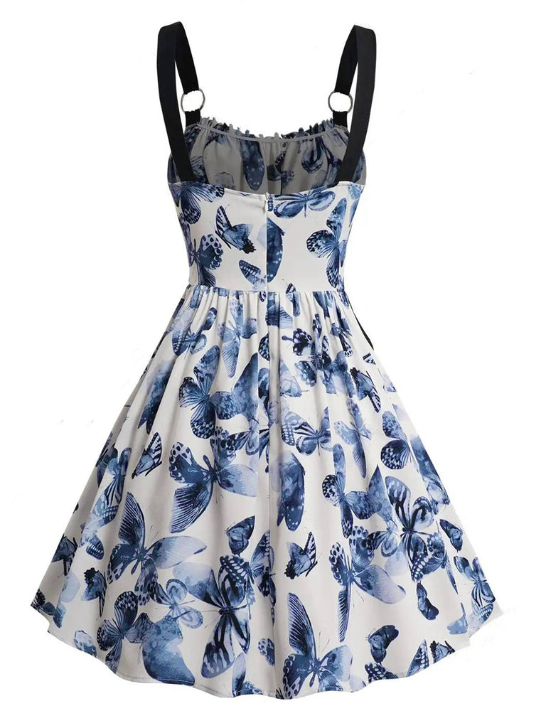 Blau 1950er Roses Träger Schnürung Plissiertes Kleid