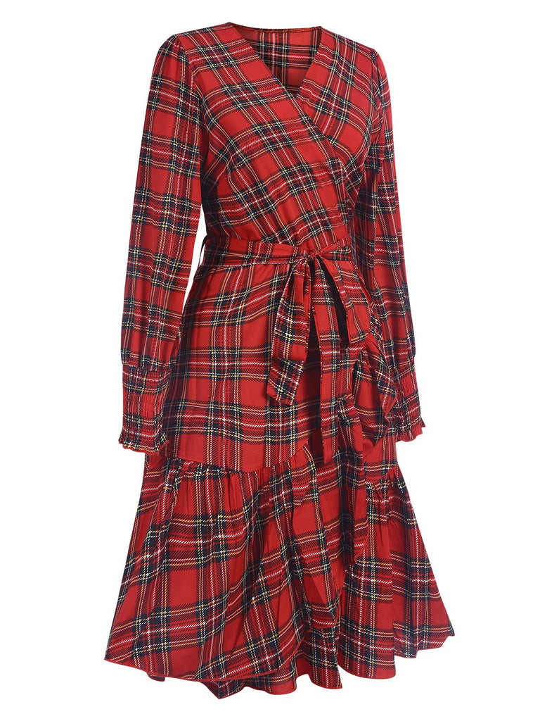 Rot 1960er Tartan Plaids Rüschensaum Gürtel Kleid