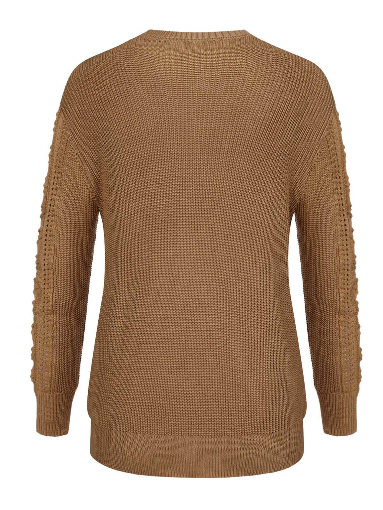 Khaki 1960er Rundhals Strukturierter Strick Pullover