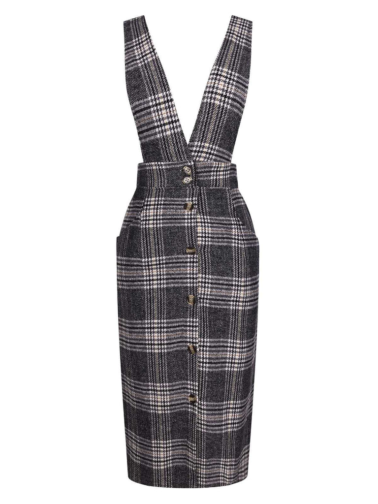 Grau 1960er Geknöpft Plaid Schürze Kleid