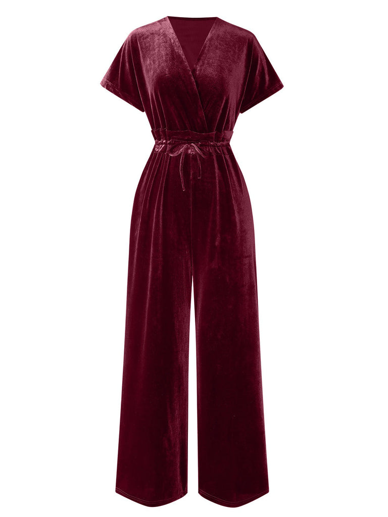 1940er Solide Taillengürtel V-Ausschnitt Samt Jumpsuit