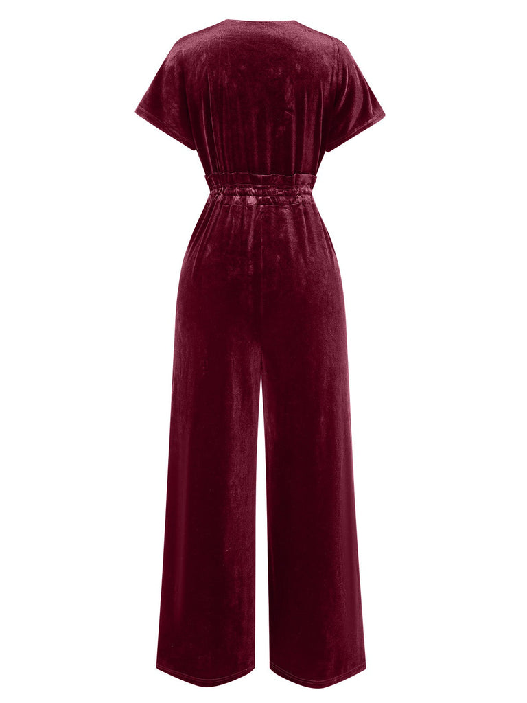 1940er Solide Taillengürtel V-Ausschnitt Samt Jumpsuit