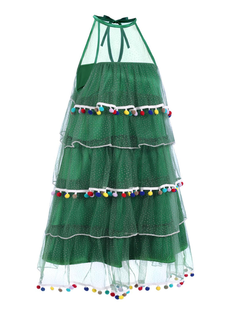 [Vorverkauf] Grün 1960er Pom-Pom Weihnachten Baum Kleid