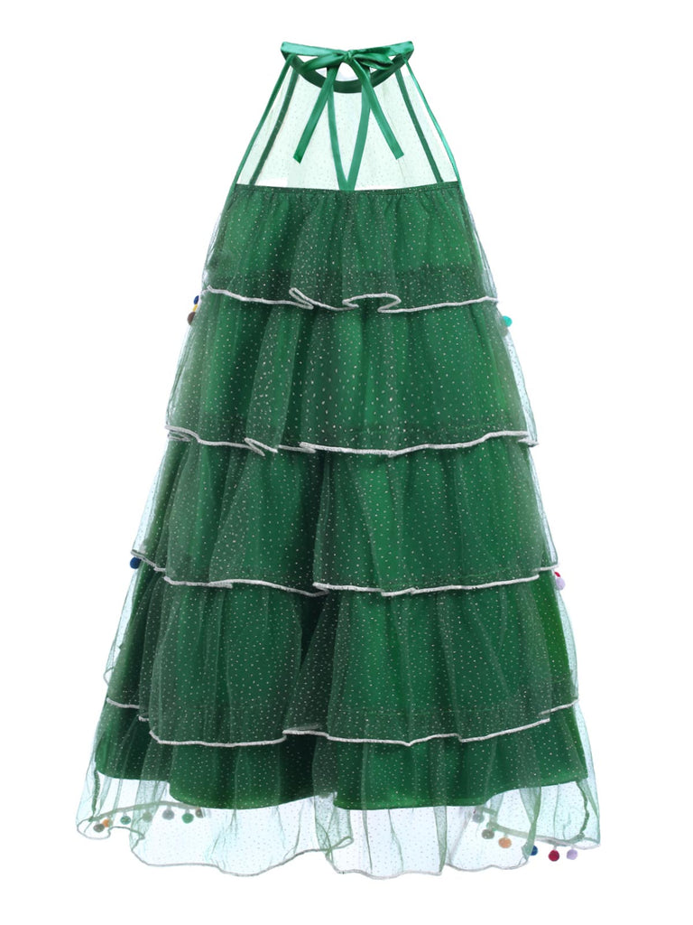 [Vorverkauf] Grün 1960er Pom-Pom Weihnachten Baum Kleid