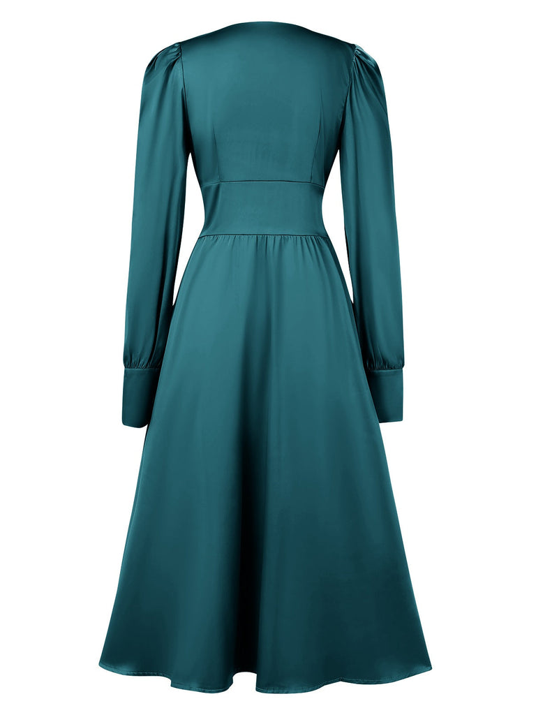 1940er Solide V-Ausschnitt Kunstsatin Geknöpft Kleid