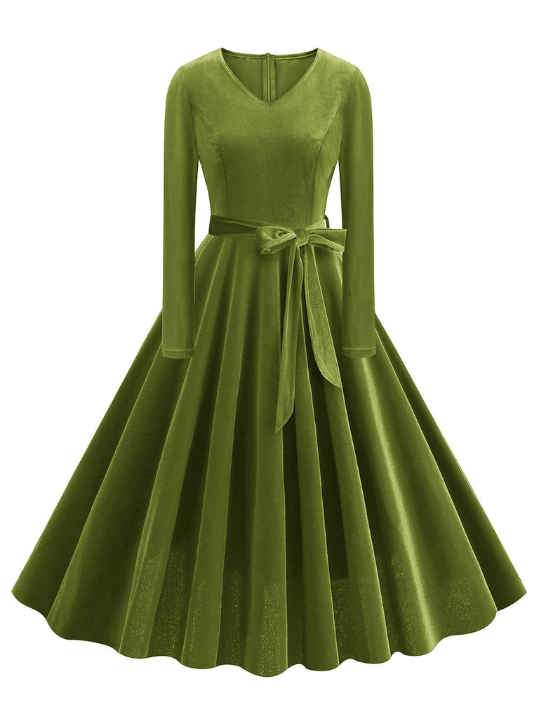 1950er Solide Samt V-Ausschnitt Swing Kleid