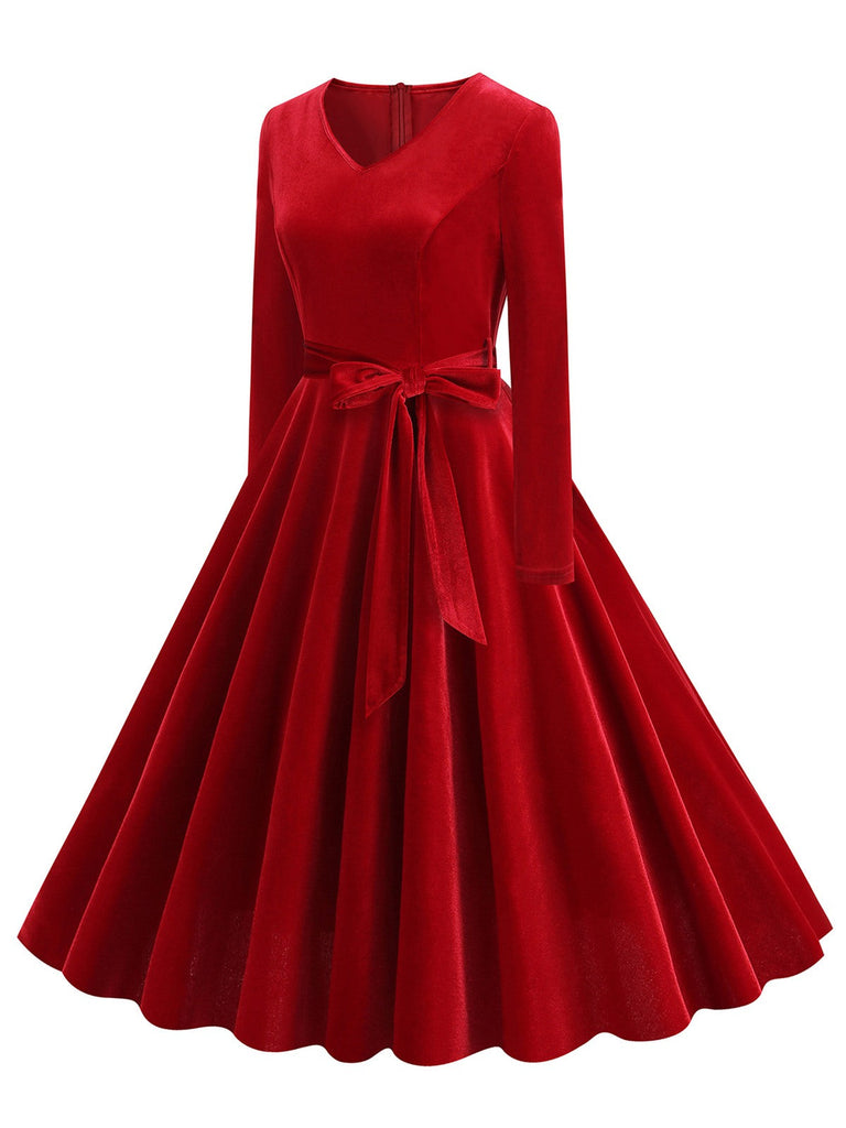 1950er Solide Samt V-Ausschnitt Swing Kleid