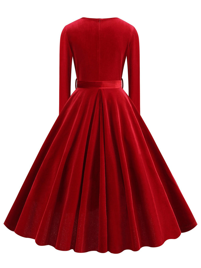 1950er Solide Samt V-Ausschnitt Swing Kleid