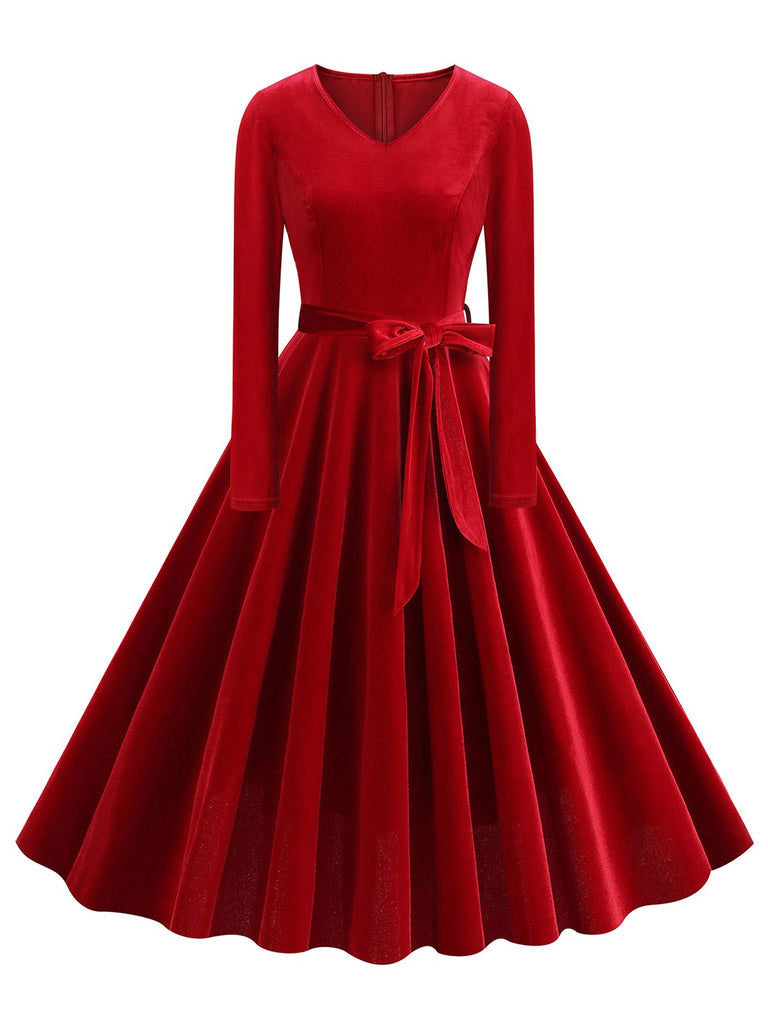 1950er Solide Samt V-Ausschnitt Swing Kleid