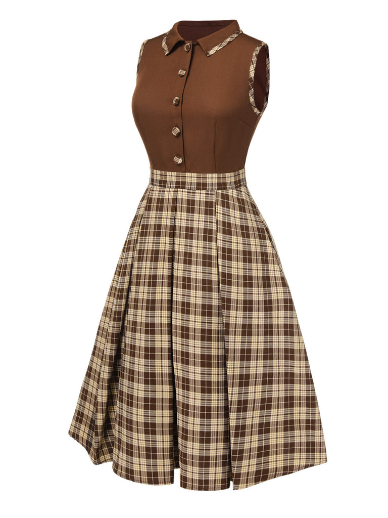 [Vorverkauf] Braun 1950er Plaids Revers Patchwork Kleid